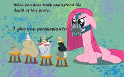 Size: 1280x800 | Tagged: safe, edit, edited screencap, screencap, character:pinkamena diane pie, character:pinkie pie, episode:party of one, g4, my little pony: friendship is magic, bane, madame leflour, mr. turnip, rocky, sir lintsalot, the dark knight rises