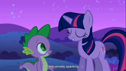 Size: 1366x768 | Tagged: safe, edit, edited screencap, screencap, character:spike, character:twilight sparkle, species:dragon, species:pony, species:unicorn, caption, female, male, mare, spanking, youtube caption