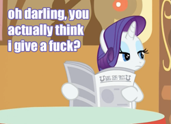 Size: 607x442 | Tagged: safe, edit, edited screencap, screencap, character:rarity, episode:ponyville confidential, g4, my little pony: friendship is magic, cropped, female, image macro, newspaper, no fucks, reaction image, reading, solo, table, vulgar