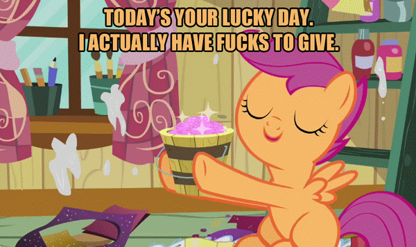 Size: 600x356 | Tagged: safe, edit, edited screencap, screencap, character:scootaloo, species:pegasus, species:pony, episode:hearts and hooves day, g4, my little pony: friendship is magic, animated, bucket, clubhouse, crusaders clubhouse, female, glitter, image macro, no fucks, orange text, solo, vulgar