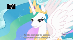 Size: 851x472 | Tagged: safe, edit, edited screencap, screencap, character:princess celestia, episode:keep calm and flutter on, g4, my little pony: friendship is magic, bedroom eyes, caption, hub logo, tv rating, youtube caption