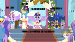 Size: 1021x574 | Tagged: safe, edit, edited screencap, screencap, character:amethyst star, character:applejack, character:linky, character:princess cadance, character:princess celestia, character:princess luna, character:shoeshine, character:sparkler, character:spike, character:twilight sparkle, character:twilight sparkle (alicorn), species:alicorn, species:pony, episode:magical mystery cure, g4, my little pony: friendship is magic, big crown thingy, clothing, coronation dress, crown, dress, element of magic, explanation, hub logo, jewelry, regalia, theory