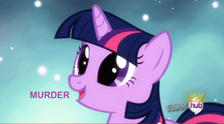 Size: 852x475 | Tagged: safe, edit, edited screencap, screencap, character:twilight sparkle, character:twilight sparkle (unicorn), species:pony, species:unicorn, episode:magical mystery cure, g4, my little pony: friendship is magic, female, image macro, murder, one word, open mouth, smiling, solo