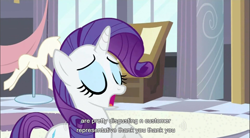 Size: 856x472 | Tagged: safe, edit, edited screencap, screencap, character:rarity, species:pony, species:unicorn, episode:sweet and elite, g4, my little pony: friendship is magic, caption, female, mare, solo, youtube caption