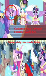 Size: 536x873 | Tagged: safe, edit, edited screencap, screencap, character:amethyst star, character:applejack, character:bruce mane, character:cherry cola, character:eclair créme, character:goldengrape, character:linky, character:perfect pace, character:princess cadance, character:princess celestia, character:princess luna, character:shining armor, character:shoeshine, character:sparkler, character:sunshower raindrops, character:twilight sparkle, character:twilight sparkle (alicorn), species:alicorn, species:pony, episode:magical mystery cure, g4, my little pony: friendship is magic, animation error, big crown thingy, clothing, coronation dress, dress, element of magic, error, jewelry, princess coronation, regalia, text