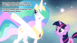 Size: 1920x1080 | Tagged: safe, edit, edited screencap, screencap, character:princess celestia, character:twilight sparkle, character:twilight sparkle (unicorn), species:alicorn, species:pony, species:unicorn, episode:magical mystery cure, g4, my little pony: friendship is magic, deus ex, duo, ethereal mane, female, mare, princess celestia's special princess making dimension, quote, roboto, text, void