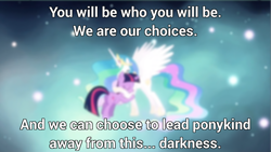 Size: 1920x1080 | Tagged: safe, edit, edited screencap, screencap, character:princess celestia, character:twilight sparkle, character:twilight sparkle (unicorn), species:alicorn, species:pony, species:unicorn, episode:magical mystery cure, g4, my little pony: friendship is magic, deus ex, duo, ethereal mane, female, heartwarming, mare, princess celestia's special princess making dimension, quote, void, wallpaper