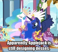 Size: 646x575 | Tagged: safe, edit, edited screencap, screencap, character:applejack, character:princess celestia, character:princess luna, episode:magical mystery cure, g4, my little pony: friendship is magic, bell, clothing, coronation dress, cropped, dress, eyes closed, female, gown, hub logo, hubble, jewelry, misspelling, raised hoof, regalia, smiling, spread wings, standing, the hub, wings