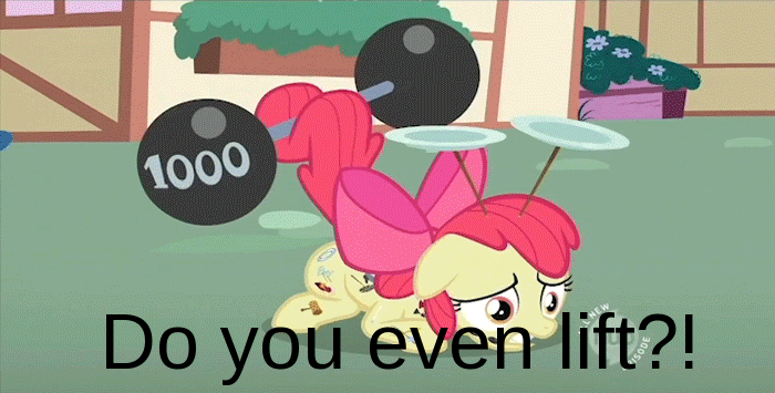 Size: 700x355 | Tagged: safe, edit, edited screencap, screencap, character:apple bloom, species:earth pony, species:pony, episode:the cutie pox, g4, my little pony: friendship is magic, animated, barbell, cutie pox, do you even lift, female, filly, image macro, plate spinning, prehensile tail, solo, tail hold, weight lifting