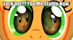 Size: 1280x719 | Tagged: safe, edit, edited screencap, screencap, character:applejack, episode:magical mystery cure, g4, my little pony: friendship is magic, caption, eyes, image macro, implied sex, out of context, reflection, selfcest, you. me. x. now.