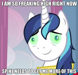 Size: 622x598 | Tagged: safe, edit, edited screencap, screencap, character:shining armor, caption, high, image macro, silly, stoned