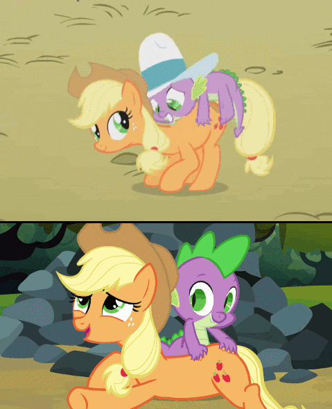 Size: 479x590 | Tagged: safe, edit, edited screencap, screencap, character:applejack, character:spike, species:dragon, species:earth pony, species:pony, episode:spike at your service, g4, my little pony: friendship is magic, animated, boing, butt touch, context is for the weak, female, hand on butt, looped, male, mare, out of context, scratching