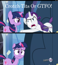 Size: 1280x1440 | Tagged: safe, edit, edited screencap, screencap, character:rarity, character:twilight sparkle, episode:games ponies play, g4, my little pony: friendship is magic, crotchboobs, hub logo, insulting rarity, meme, tits or gtfo
