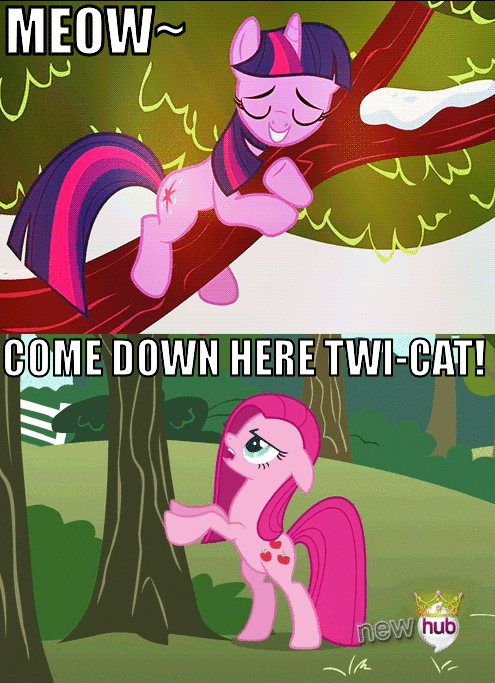 Size: 495x683 | Tagged: safe, edit, edited screencap, screencap, character:pinkamena diane pie, character:pinkie pie, character:twilight sparkle, episode:magical mystery cure, g4, my little pony: friendship is magic, animated, applejack's cutie mark, behaving like a cat, cat, crown, female, hub logo, humping, image macro, jewelry, out of context, regalia, swapped cutie marks, tree, twilight cat