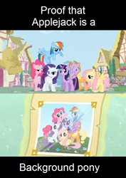 Size: 570x807 | Tagged: safe, edit, screencap, character:applejack, character:fluttershy, character:pinkie pie, character:rainbow dash, character:rarity, character:twilight sparkle, abuse, background pony, background pony applejack, fake wings, intro, jackabuse, mane six, mane six opening poses, op is a duck, op is trying to start shit, opening, tape, wings, wtf
