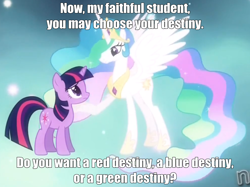 Size: 828x619 | Tagged: safe, edit, edited screencap, screencap, character:princess celestia, character:twilight sparkle, character:twilight sparkle (unicorn), species:alicorn, species:pony, species:unicorn, episode:magical mystery cure, g4, my little pony: friendship is magic, caption, cropped, crown, duo, ethereal mane, female, i never asked for this, image macro, jewelry, mare, mass effect, mass effect 3, meta, peytral, princess celestia's special princess making dimension, regalia, text