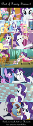 Size: 1424x5305 | Tagged: safe, edit, edited screencap, screencap, character:applejack, character:fluttershy, character:pinkie pie, character:rainbow dash, character:rarity, character:spike, character:sweetie belle, character:twilight sparkle, episode:games ponies play, episode:magical mystery cure, episode:sleepless in ponyville, episode:the crystal empire, g4, my little pony: friendship is magic, bipedal, clothing, comic, dress, fainting couch, hair pulling, head pat, holding, holding a dragon, luggage, mane seven, mane six, pat, rarity tugs her mane, scarf, screencap comic, snow, squishy cheeks, swapped cutie marks, sweat, sweating profusely, what my cutie mark is telling me