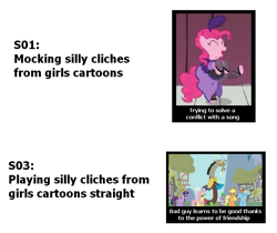 Size: 657x552 | Tagged: safe, edit, edited screencap, screencap, character:applejack, character:discord, character:fluttershy, character:pinkie pie, character:rainbow dash, character:spike, character:twilight sparkle, episode:keep calm and flutter on, episode:over a barrel, g4, my little pony: friendship is magic, season 1, comparison, meta, op is a duck, saloon dress, saloon pinkie, season 3, text