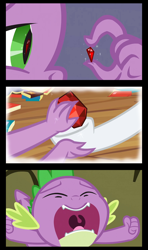 Size: 1280x2160 | Tagged: safe, edit, edited screencap, screencap, character:rarity, character:spike, species:dragon, episode:a dog and pony show, episode:just for sidekicks, episode:secret of my excess, g4, my little pony: friendship is magic, comic, comparison, fire ruby, flashback, gem, male, ruby, screencap comic