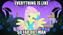 Size: 625x347 | Tagged: safe, edit, edited screencap, screencap, character:fluttershy, episode:the best night ever, g4, my little pony: friendship is magic, clothing, dress, female, flutterhigh, gala dress, high, hippie, hippieshy, image macro, lidded eyes, solo