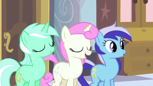 Size: 640x360 | Tagged: safe, edit, edited screencap, screencap, character:lyra heartstrings, character:minuette, character:twinkleshine, friendship is witchcraft, episode:a canterlot wedding, g4, my little pony: friendship is magic, animated, clothing, foaly matripony, i like pants, pants