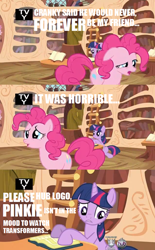 Size: 500x805 | Tagged: safe, edit, edited screencap, screencap, character:pinkie pie, character:twilight sparkle, episode:a friend in deed, g4, my little pony: friendship is magic, comic, duo, fourth wall, hub logo, hubble, screencap comic, the hub, transformers, tv rating