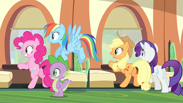 Size: 640x360 | Tagged: safe, edit, edited screencap, screencap, character:applejack, character:pinkie pie, character:rainbow dash, character:rarity, character:spike, species:dragon, species:earth pony, species:pegasus, species:pony, species:unicorn, friendship is witchcraft, episode:a canterlot wedding, g4, my little pony: friendship is magic, abuse, animated, butt, female, foaly matripony, male, mare, ouch, plot, spikeabuse, the great and powerful superedit, train, wide eyes