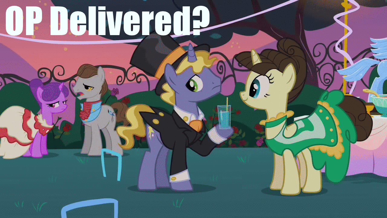 Size: 1280x720 | Tagged: safe, edit, edited screencap, screencap, character:caesar, character:chocolate sun, character:fine line, character:north star (g4), character:ponet, character:star gazer, episode:sweet and elite, g4, my little pony: friendship is magic, animated, cappuccino, clothing, croquet mallet, dress, frown, hat, hoof hold, meta, monocle and top hat, mouth hold, north star, op, op delivered, open mouth, reaction image, shocked, suit, top hat, wide eyes