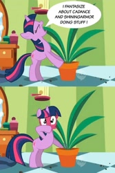 Size: 475x710 | Tagged: safe, edit, edited screencap, screencap, character:twilight sparkle, episode:green isn't your color, g4, my little pony: friendship is magic, blushing, blushing profusely, comic, dialogue, exploitable meme, implied princess cadance, implied shining armor, implied shiningcadance, implied shipping, implied straight, potted plant, screencap comic, secret pot meme, speech bubble, twilight the shipper