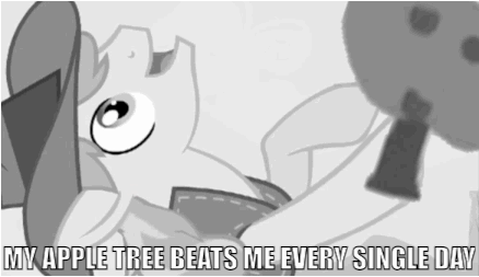 Size: 438x253 | Tagged: safe, edit, edited screencap, screencap, character:bloomberg, character:braeburn, episode:over a barrel, g4, my little pony: friendship is magic, animated, apple tree, caption, link, tree, wat, youtube link, youtube poop