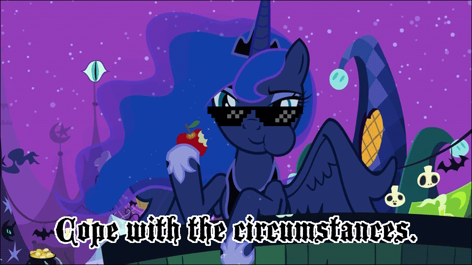 Size: 960x540 | Tagged: safe, edit, edited screencap, screencap, character:princess luna, species:alicorn, species:pony, episode:luna eclipsed, g4, my little pony: friendship is magic, animated, apple, caption, deal with it, eating, female, food, gif, image macro, mare, sesquipedalian loquaciousness, solo, sunglasses, text