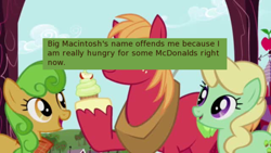 Size: 500x281 | Tagged: safe, edit, edited screencap, screencap, character:apple honey, character:big mcintosh, character:perfect pie, episode:friendship is magic, g4, my little pony: friendship is magic, apple family member, mcdonald's, meta, offensive ponies, text
