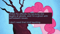 Size: 500x281 | Tagged: safe, edit, edited screencap, screencap, character:pinkie pie, episode:friendship is magic, g4, my little pony: friendship is magic, meta, offensive ponies, text, tree