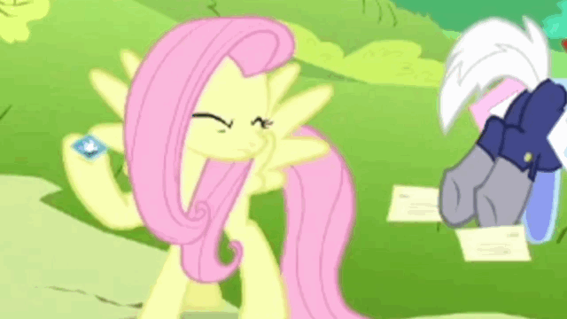 Size: 640x360 | Tagged: safe, edit, edited screencap, screencap, character:fluttershy, character:mr. zippy, episode:putting your hoof down, g4, my little pony: friendship is magic, animated, dancing, fixed, mirrored, postage stamp, solo focus, stamp, youtube poop