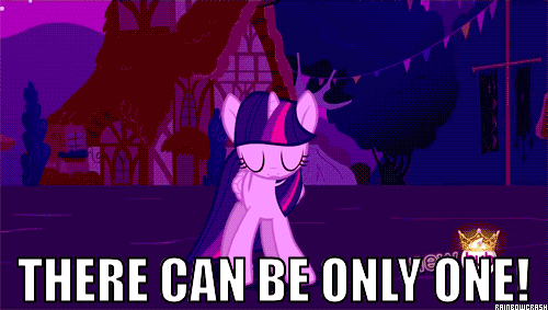 Size: 500x283 | Tagged: safe, edit, edited screencap, screencap, character:twilight sparkle, character:twilight sparkle (alicorn), species:alicorn, species:pony, episode:magical mystery cure, g4, my little pony: friendship is magic, animated, female, highlander, hub logo, image macro, mare, there can be only one