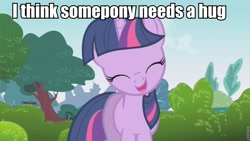 Size: 853x480 | Tagged: safe, edit, edited screencap, screencap, character:twilight sparkle, species:pony, species:unicorn, eyes closed, female, image macro, mare, open mouth, sky, smiling, solo, tree