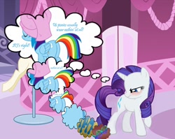 Size: 1408x1120 | Tagged: safe, edit, edited screencap, screencap, character:rainbow dash, character:rarity, species:pegasus, species:pony, species:unicorn, ship:raridash, angry, blushing, carousel boutique, close-up, dna, embarrassed, eyes closed, female, frown, fur, glare, inside coat, lesbian, looking back, looking down, mare, nothing at all, parody, plot, raised hoof, reference, simpsons did it, smiling, solo, stupid sexy flanders, stupid sexy rainbow dash, text, the simpsons, thought bubble, towel, we don't normally wear clothes, wet mane