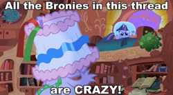 Size: 766x424 | Tagged: safe, edit, edited screencap, screencap, character:spike, character:twilight sparkle, episode:friendship is magic, g4, my little pony: friendship is magic, season 1, angry, book, brony, golden oaks library, image macro, insanity, lampshade, party, reaction image, thread