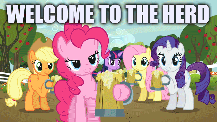 Size: 853x480 | Tagged: safe, edit, edited screencap, screencap, character:applejack, character:fluttershy, character:pinkie pie, character:rainbow dash, character:rarity, character:twilight sparkle, character:twilight sparkle (unicorn), species:earth pony, species:pegasus, species:pony, species:unicorn, episode:the super speedy cider squeezy 6000, g4, my little pony: friendship is magic, animated, artifact, beer stein, bronybait, cheers, cider, female, gif, image macro, mane six, mare, meme, text, welcome to the herd