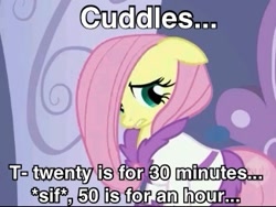 Size: 325x244 | Tagged: safe, edit, edited screencap, screencap, character:fluttershy, species:pony, caption, cuddling, female, floppy ears, frown, gritted teeth, image macro, looking away, mare, nervous, prostitute, prostitution, scared