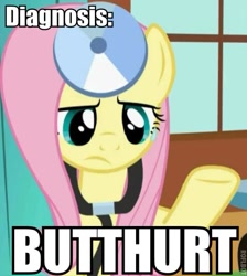 Size: 477x533 | Tagged: safe, edit, edited screencap, screencap, character:fluttershy, episode:a bird in the hoof, g4, my little pony: friendship is magic, butthurt, caption, cropped, diagnosis, doctor, doctor fluttershy, female, head mirror, image macro, meme, reaction image, solo, stethoscope