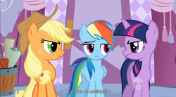 Size: 854x470 | Tagged: safe, edit, edited screencap, screencap, character:applejack, character:rainbow dash, character:twilight sparkle, caption, implied farting, youtube caption
