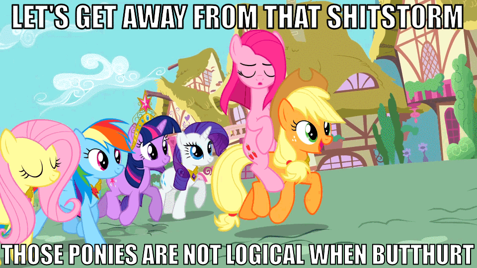 Size: 960x540 | Tagged: safe, edit, edited screencap, screencap, character:applejack, character:fluttershy, character:pinkamena diane pie, character:pinkie pie, character:rainbow dash, character:rarity, character:twilight sparkle, episode:magical mystery cure, g4, my little pony: friendship is magic, animated, image macro, mane six, reaction image, swapped cutie marks, vulgar