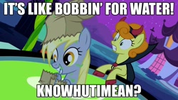 Size: 1280x720 | Tagged: safe, edit, edited screencap, screencap, character:carrot top, character:derpy hooves, character:golden harvest, species:pegasus, species:pony, episode:luna eclipsed, g4, my little pony: friendship is magic, apple bobbing, caption, clothing, costume, crossover, devil costume, ernest p. worrell, female, image macro, mare, mouth hold, nightmare night costume, paper bag, paper bag wizard, parody