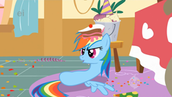 Size: 960x540 | Tagged: safe, edit, screencap, character:rainbow dash, episode:party of one, g4, my little pony: friendship is magic, cake, ei, hub logo, mr. turnip, turnip, wat, worm pony