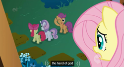 Size: 635x346 | Tagged: safe, edit, edited screencap, screencap, character:apple bloom, character:fluttershy, character:scootaloo, character:sweetie belle, species:pegasus, species:pony, episode:stare master, g4, my little pony: friendship is magic, caption, cutie mark crusaders, ei, god, hand, hub logo, youtube caption