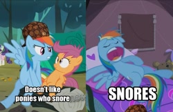 Size: 1107x719 | Tagged: safe, edit, edited screencap, screencap, character:rainbow dash, character:scootaloo, species:pegasus, species:pony, episode:sleepless in ponyville, g4, my little pony: friendship is magic, clothing, cross-eyed, frown, glare, gritted teeth, hat, hypocrite, irony, meme, on back, open mouth, scumbag hat, scumbag steve, smiling, snoring, spread wings, text, truth, wide eyes, wings