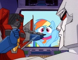 Size: 360x281 | Tagged: safe, edit, edited screencap, screencap, character:rainbow dash, episode:a bird in the hoof, g4, my little pony: friendship is magic, annoyed, clash of hasbro's titans, megatron, pointing, starscream, starscream vs rainbow dash, tongue out, transformers