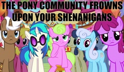 Size: 1200x700 | Tagged: safe, edit, screencap, character:berry punch, character:berryshine, character:blues, character:bon bon, character:cherry berry, character:daisy, character:dj pon-3, character:linky, character:mochaccino, character:noteworthy, character:rare find, character:shoeshine, character:sweetie drops, character:vinyl scratch, species:pony, episode:magical mystery cure, g4, my little pony: friendship is magic, caption, frown, image macro, reaction image, shenanigans, text