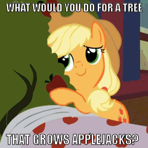 Size: 300x300 | Tagged: safe, edit, edited screencap, screencap, character:applejack, character:bloomberg, episode:over a barrel, g4, my little pony: friendship is magic, animated, cropped, image macro, tree
